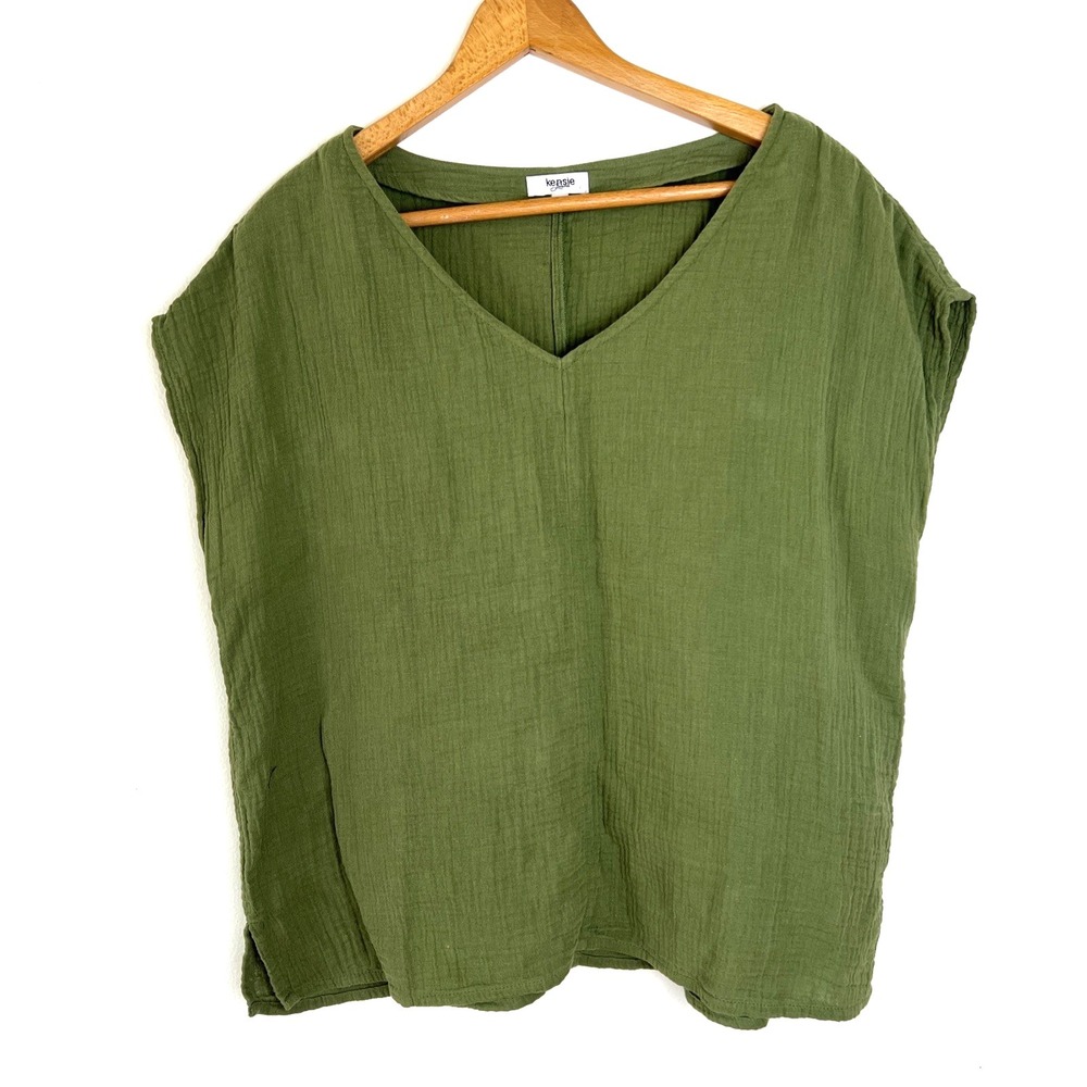 Kensie 100% Cotton Top Womens Large Boxy Olive Gauzy Soft Cap Sleeve Beach‎ $58